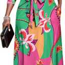 Runwind Women Church Maxi Dresses 3/4 Sleeve Button Down Print Casual Office Dress African (D-green Flower), XL