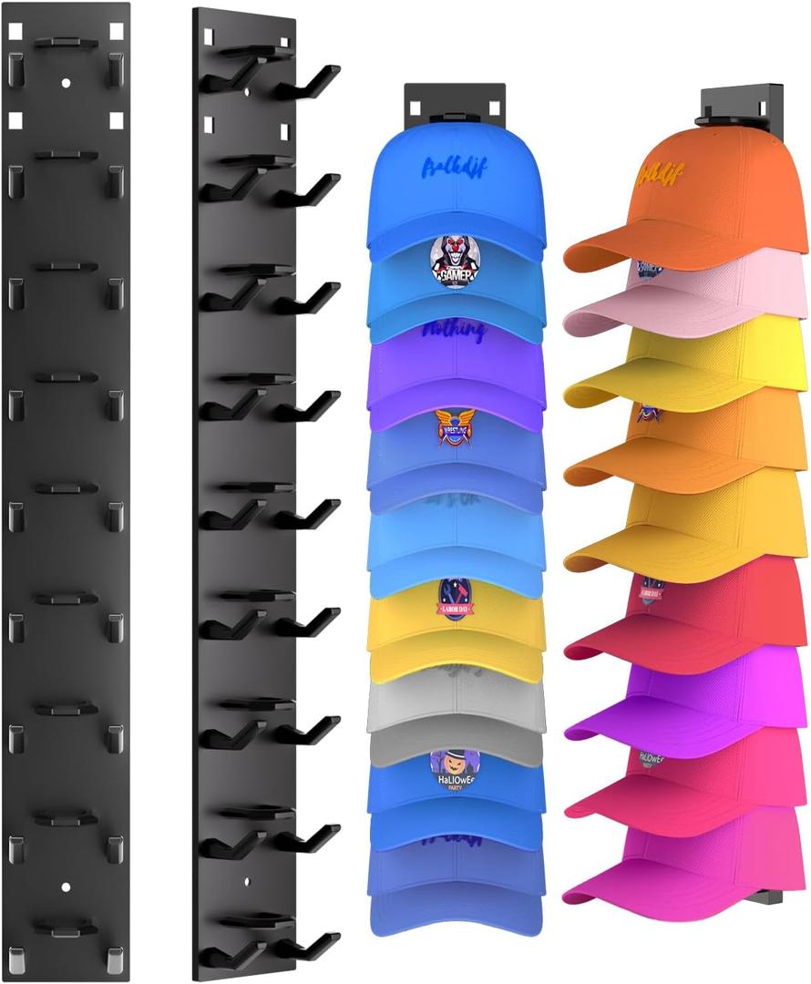 2 Pack Hat Organizer for Baseball Caps, Strong Adhesive Hat Rack for Wall, Multilayer Hat Storage Display Holder, Wall Mounted Hat Hooks Hold up to 18 Hats for Closet Door and Bedroom (Black)