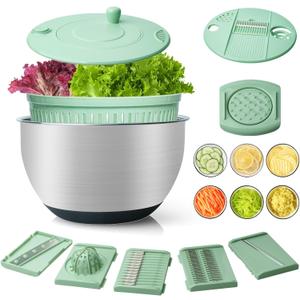 4.25 Qt Stainless Steel Salad Spinner Large, Salad Wash Bowl, Fruit & Vegetable Dryer, with 5-Blade Slicer, Egg Yolk Strainer and Shredder for Efficient Salad Preparation and Food Washing