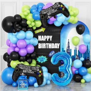 3th Birthday Video Game Balloons Arch, 3th Game Party Balloons Garland Kit 3th Game Birthday Supplies with Blue Number 3 Balloon for 3 Year Old Teens Boys Birthday Decor
