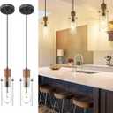 Emak 2 Pack Mini Black Pendant Light Fixtures, Modern Farmhouse Pendant Lights with Clear Glass Shade, 1-Light Hanging Light for Bedroom, Kitchen Island, Bathroom, Wood Grain Painted, PL120-BKL-2PK