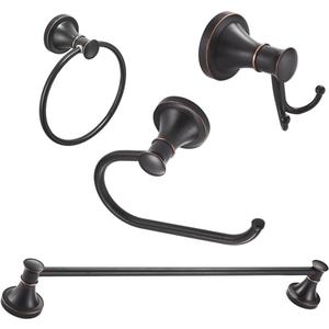 BESy Oil Rubbed Bronze 4 Piece Bathroom Accessories Set (Single Towel Bar, Towel Ring, Toilet Paper Holder, Double Towel Hooks), Wall Mounted Bath Hardware Accessory Fixtures Set