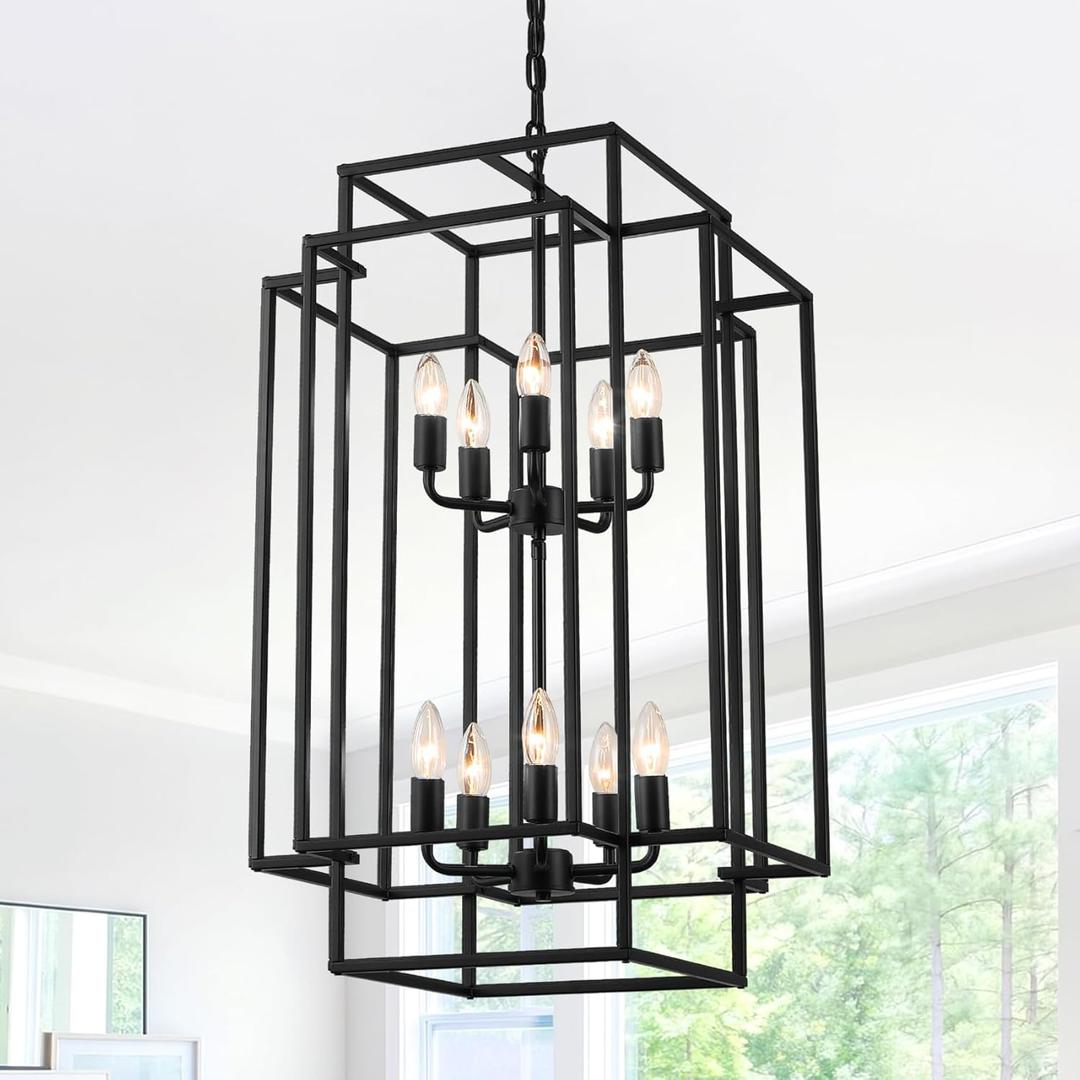 10-Light Black Chandelier, 30" Foyer Chandeliers for High Ceilings, 2-Tier Foyer Lighting Fixtures, Lantern Pendant Light Fixture Farmhouse Chandelier for Entryway Staircase Dining Room Living Room