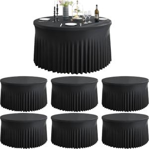 6 Pack Black Round Spandex Tablecloth for 72 inch Table, Wrinkle Free Stretchy 132inch Fitted 6FT Round Table Cloths Cover with Skirt for Wedding Birthday Party Graduation Banquet Events
