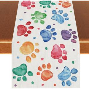 Watercolor Colorful Paw Prints Table Runner Happy Birthday Tablecloth Holiday Party Decorations and Supplies for Home Kitchen Table-1372''