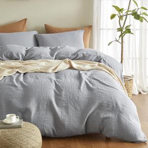 SE SOFTEXLY Muslin Duvet Cover Queen Size, 100% Washed Cotton Duvet Cover Set, Ultra Soft Comforter Cover Linen Like, 3 Pieces Minimalist Gauze Duvet Cover with 2 Pillowcases, 90"x90", Light Grey