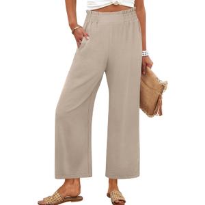 ANRABESS Womens Wide Leg Palazzo Pants Summer Beach High Waisted Cropped Flowy Pants 2026 Dressy Casual Trousers with Pockets Parchment X-Large