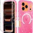 I-HONVA for iPhone 17 Pro Max Case Clear [Non Yellowing] [Compatible with MagSafe] Shockproof 3-Layer Full Body Protection Rugged Heavy Duty Cover Case for Apple iPhone 17 Pro Max,Clear Pink Glitter
