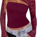 Xuiqx Women's Lace Long Sleeve Going Out Top Sexy Y2K Cut Out Double Lined Slim Night Out Club Party Tops (Burgundy X-Large)