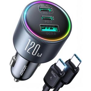 JOYROOM 120W Super Fast Car Charger USB C, 3-Port PD100W+PD35W Car Charger for iPhone 16 with USBC Cable, Type C Fast Charging Adapter for iPhone 16e/15 Pro Max, Samsung Galaxy S25 S24, iPad, Laptop (120W-BLACK)