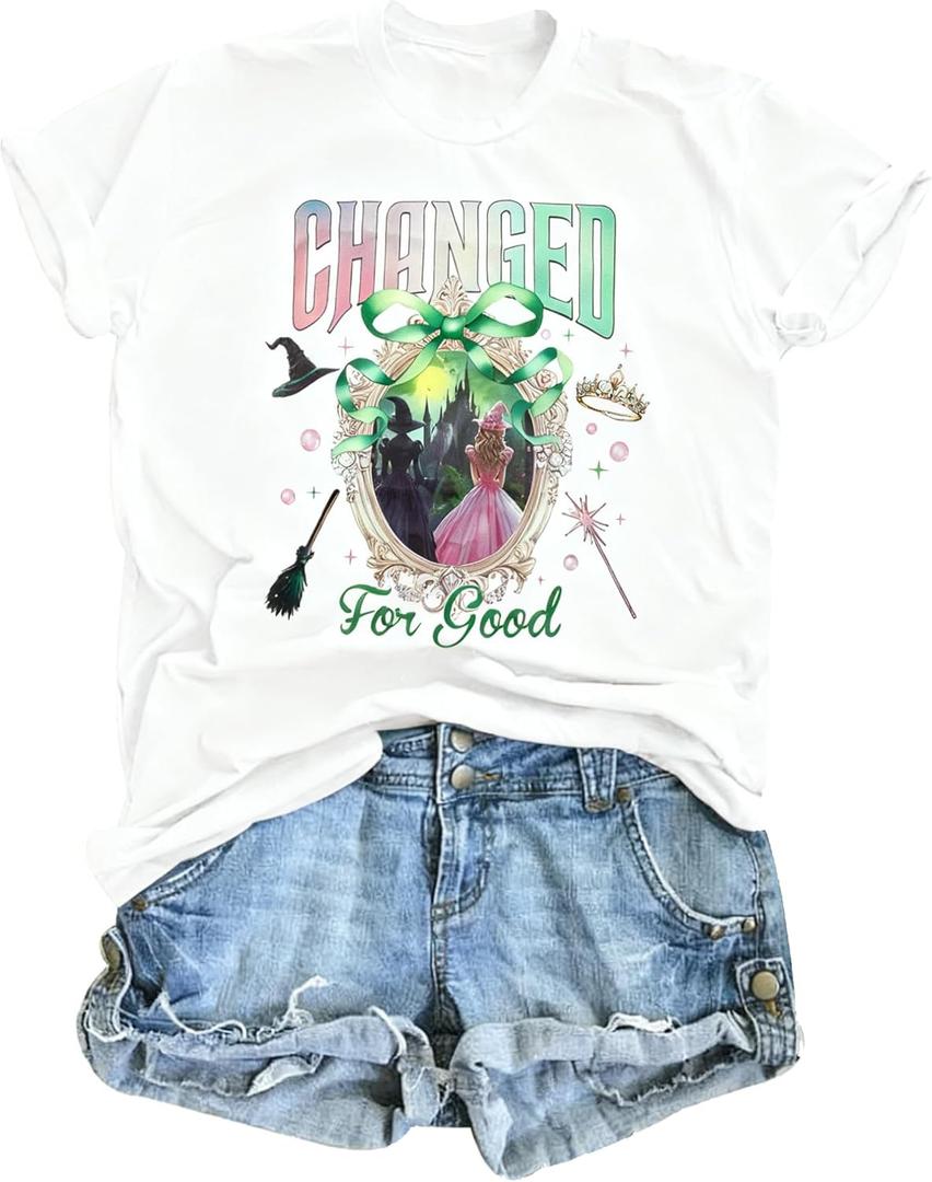 BANGELY Musical Shirt Women Witch T Shirt Changed for Good Tee Musical Movie Graphic Shirt Magical Kingdom Short Sleeve Tops (White, XL)