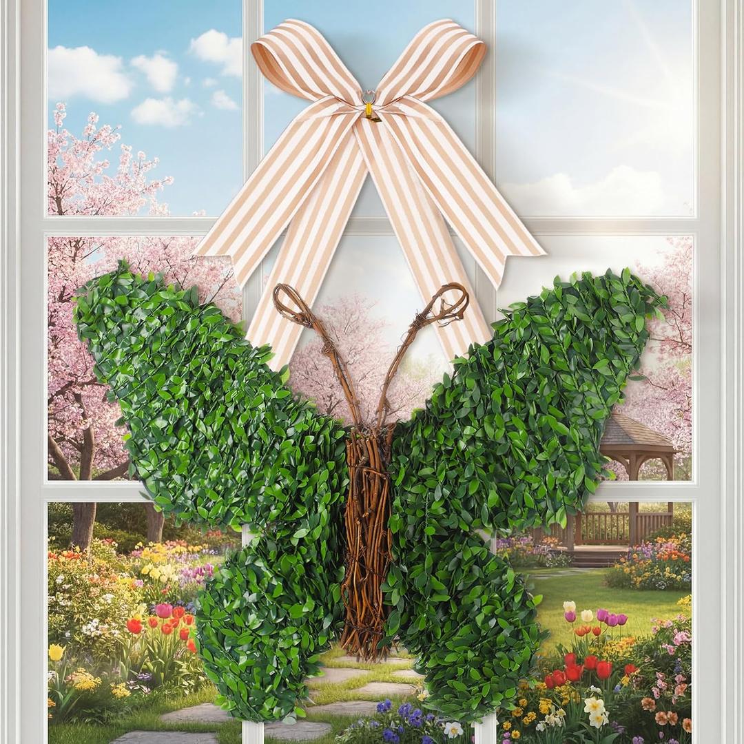 20 Inch Butterfly Shaped Wreath with Bow Greenery Spring Artificial Wreaths Farmhouse Door Sign for Indoor and Outdoor Porch Front Door Wall Window Mantels Fireplace Wedding Decor Gift