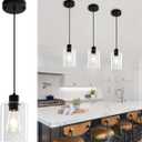 3 Pack Black Pendant Lights Kitchen Island, Modern Glass Pendant Lighting Over Island Kitchen Hanging Bathroom Ceiling Light Fixtures Adjustable Pendant Lights for Dining Room Hallway Bedroom