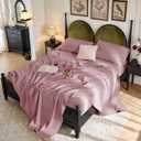 SONORO KATE 100% French Pure Linen Sheets, Breathable and Durable Linen Queen Size Sheets, Anti-Tear Linen Bed Sheets, Machine Washable, 16 Inch Deep Pocket - 4 Piece (Embroidery Purple, Queen)