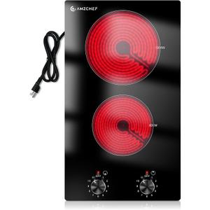 AMZCHEF 12Inch 2 Burner Electric Cooktop, 1800W/11Levels 2 Burners Stove Top With Knob Control Countertop & Built-in Radiant Electric Stove with Residual Heat Indicator