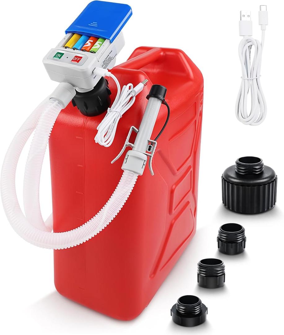 Fuel Transfer Pump 3.2 GPM, USB Type-C & AA Battery Powered, 51" Hose Portable Liquid Pump with Auto-Stop Sensor and 4 Tank Adapters, Fast & Safe for Gasoline & Diesel Oil Blue