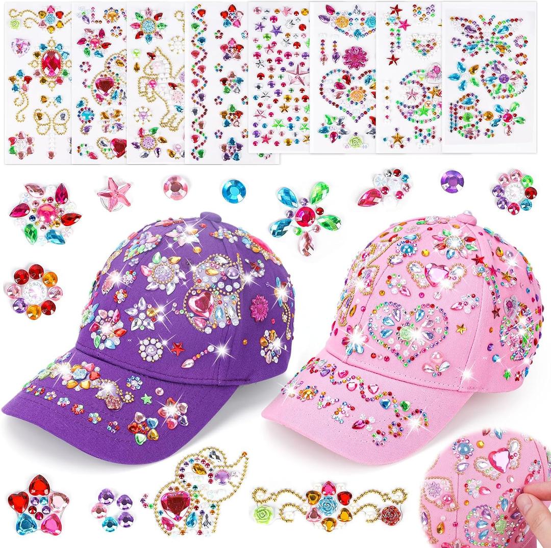 DIY Gem Baseball Cap Craft Kit: Design Your Own Hats with Unicorn Stickers, Adjustable Kids Baseball Caps, Trendy Tween Gifts Toys for Girls Age 4-12 Years Old, Birthday Christmas Art Supplies (Pink,Purple)