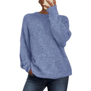 PRETTYGARDEN Womens Fall Long Sleeve Sweater Crew Neck Fuzzy Loose Fit Chunky Knit Oversized Pullover Sweaters Going Out Tops (X-Large, Mist Blue)