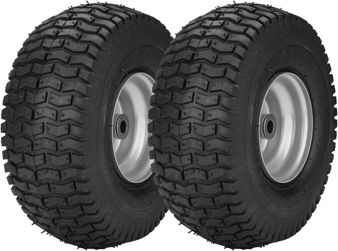 15x6.00-6" Pneumatic 4-Ply Front Tire with Tube Replaces for Craftsman John Deere Riding Mowers, Lawn Tractor 3" Centered hub, 3/4" Sintered Iron Bushings, Max Load: 400lbs, 21446 (Pack-of-2)