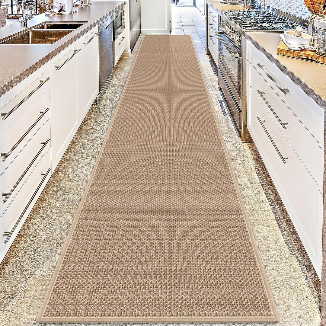 15ft Natural Jute Hallway Runner Rug Non Slip Washable, Rubber Backed Long Khaki Indoor Entryway Runner, Absorbent Kitchen Carpet Sink Rug