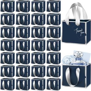 Yeaqee 50 Pcs Mini Metallic Gift Bags with Handles 4x4.75x2.25'' Tiny Thank You Favor Bags with Tag for Easter Mother's Day Wedding Spring Welcome Baby Shower Graduation Birthday (Navy Blue,Silver)