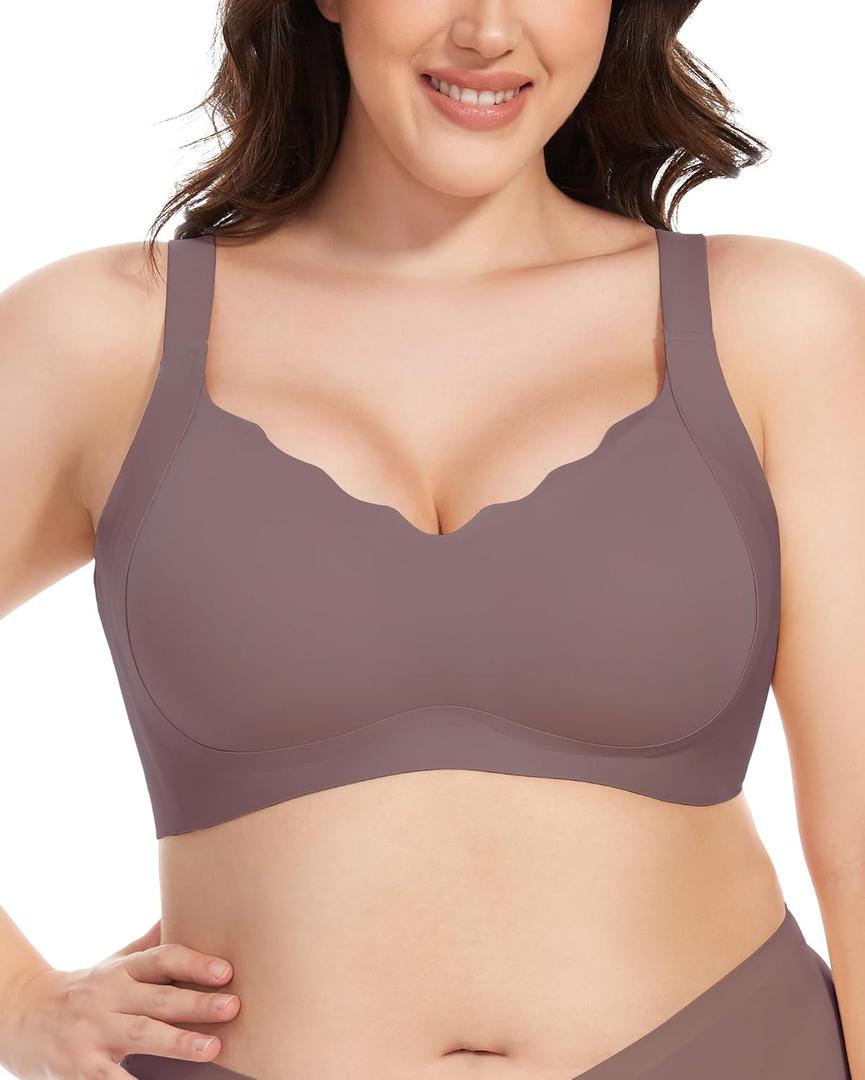Scalloped Lift Bras for Women No Underwire Buttery Soft Push Up Wireless Bras V Neck Seamless Bralettes (Gray, S)