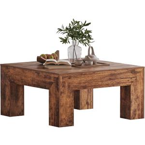 LUMTOK Wooden Square Coffee Table,35.5 inch Farmhouse Low Cocktail with Thick Base for Living Room (Rustic Brown)