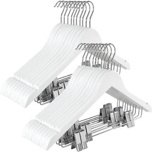TOPIA HANGER Wooden Suit Hangers with Adjustable Metal Clips (20 Pack), Solid Smooth Wood Clothes Hangers, 360 Swivel Hook, Premium Pants Hangers for Clothes Coat, Jeans, Blouse-White,CT28W20
