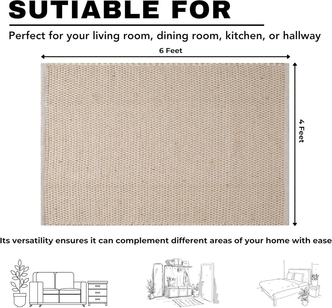 Craft Jute Cotton Matty Area Rug for Living Room 48x72 Inch - Natural - Machine Washable 4x6 Feet Rugs - 70% Jute and 30% Cotton