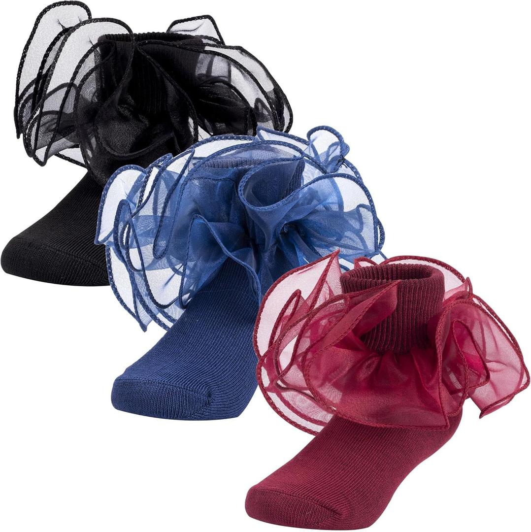 Dicry Baby Girls Double Lace Turn Cuff Socks with Big Ruffle for Infant Toddlers and Kids (4-6 Years, Black Blue Wine-red - 3 Pairs)