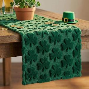 Macarrie St. Patrick's Day Table Runner Green Soft Plush Faux Fur Jacquard Shamrock Tabletop Runner 13 x 72 Inch Clover Seasonal Holiday Kitchen Dining for Home Indoor Mantel Party Decoration