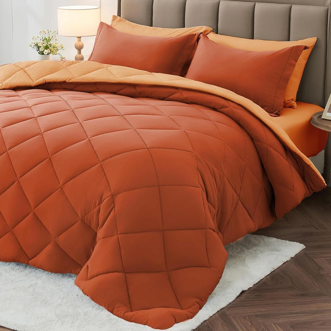 MUXHOMO 7 Pieces King Comforter Set, Reversible Bed in a Bag King Size, All Season Bedding Set with Comforter, Flat Sheet, Fitted Sheet, Pillowcases & Shams, Burnt Orange & Camel (King (104"x90"))