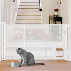 Reinforced 60 Wide Retractable Pet Gate with Cat Door Mesh Baby Gate for Stairs with Reinforced Strips Retractable Dog Gates with Cat Door Mesh Dog Gates for Doorways Separating Dogs from Cats, White