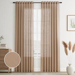 Joywell Burlap Tan Back Tab Rod Pocket Linen Curtains 96 Inches Long 2 Panels for Living Room Bedroom Neutral Boho Farmhouse Rustic Light Filtering Semi Sheer Curtains Window Treatment 52x96