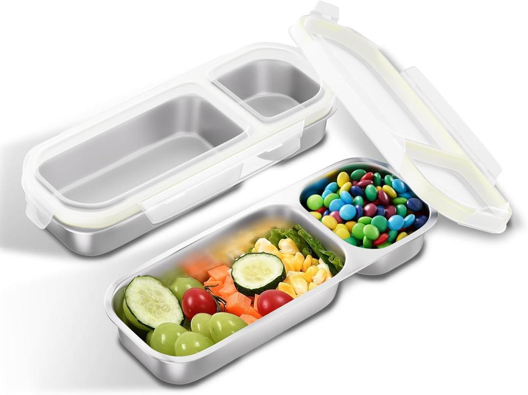 Stainless Steel Snack Containers for Kids Adults, 2 Pack 2 Compartment Metal Snack Containers Box with Lid, Reusable Food Storage Container, Leak Proof, Grab and Go (2C - (15.21+8.45OZ))