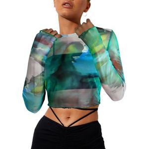 Remidoo Women's Sheer Mesh Top Tie Dye Crewneck Long Sleeve Tee Shirts with Thumb Hole Green Small