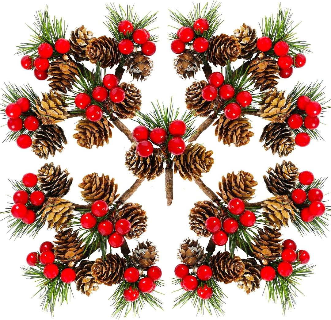 Wowagoga 30 PCS Faux Mini Snowy Pine Picks with Red Berries & Natural Pinecones Mini Artificial Pine Tree for Christmas Party Gift Decor