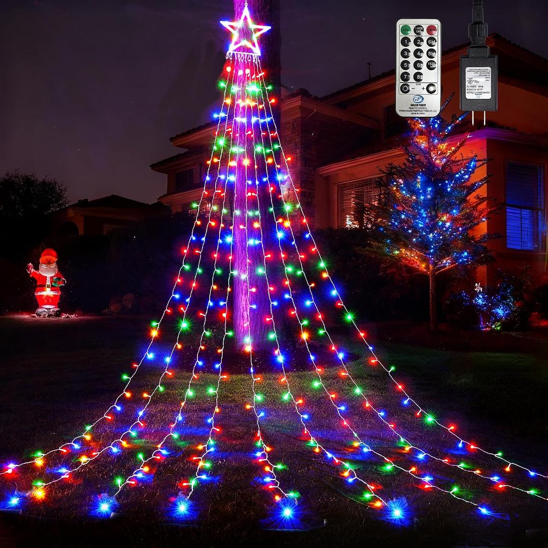 WBao Outdoor Christmas Decorations with 12" Star Topper, 344 LED 11.9ft Waterfall Christmas Lights with Remote Control, 8 Modes, 3 Timers, UL Listed, Waterproof for Tree Roof Porch Decor, Multicolor