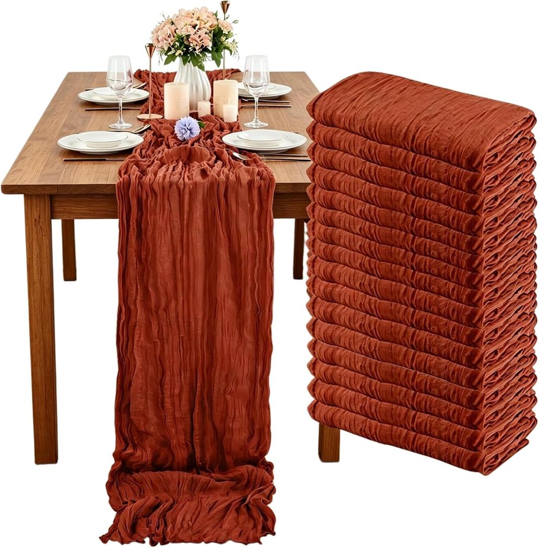 16 Pack Terracotta Cheesecloth Table Runner 35x120 Inch Boho Gauze Cheese Cloth Table Runner 10FT Long Rustic Sheer Table Runners for Wedding Bridal Shower Birthday Party Table Decor