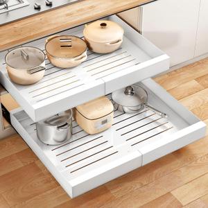 Wider Pull out Cabinet Organizer, Expandable(13.6"-24") Heavy Duty Peel and Stick Roll out Drawer for Pots and Pans, Adjustable Adhesive No Drill Screw Slide out Shelf Storage for Home Kitchen Pantry (White(1PC))