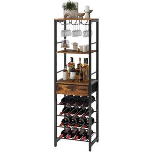 IBUYKE Wine Rack Freestanding Floor, Bar Cabinet for Liquor and Glasses,4-Tier Wood Coffee Bar Cabinet,Glass Holder and Storage Drawer for Home Bar Kitchen Living Room,Rustic Brown UTMJ905H (15.7x11.4x58 inch)