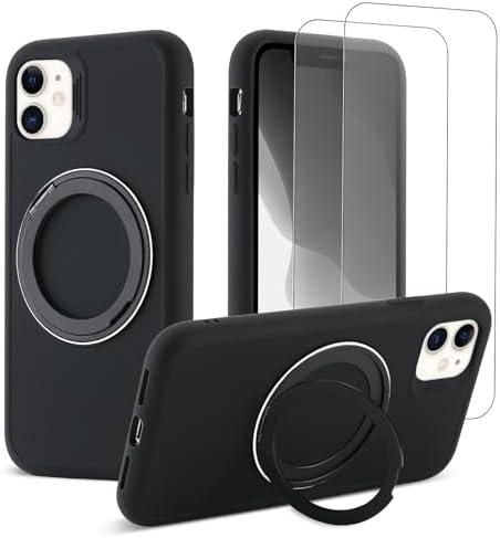 DUEEFA 360°Rotatable Magnetic Ring Stand for iPhone 11 Case,Compatible with MagSafe,with [2 Pack Screen Protector] Military Grade Drop Shockproof Silicone Slim Phone Case 6.1 inch. (Black) 2 PACK