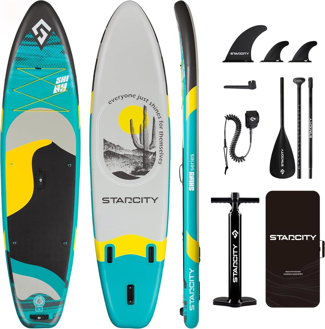 Starcity 11'*34"*6" Blow Up Paddle Board, Inflatable Paddle Board, Paddle Board, Spacious and Stable, Anti Slip and Easy to Operate, Large Size Suitable for Single Person/ Family/ Pet Use, Green Black.