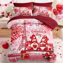 Nesker 7 Pcs Valentine's Day Comforter Set Queen Size, Romantic Love Gnomes Bedding Set for Kids and Adults, Cute Sweet Heart Sheets Bed Sheet Sets with Fitted Sheet 2 Pillowcases & 2 Shams