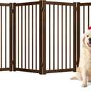 36" H Freestanding Pet Gate, Solid Wood Foldable Dog Gate with Support Feet, Wooden Tall Dog Gate for Doorway, Stairs & Indoor Use, 60" Wide Expandable Pet Fence, 4 Panels, Walnut