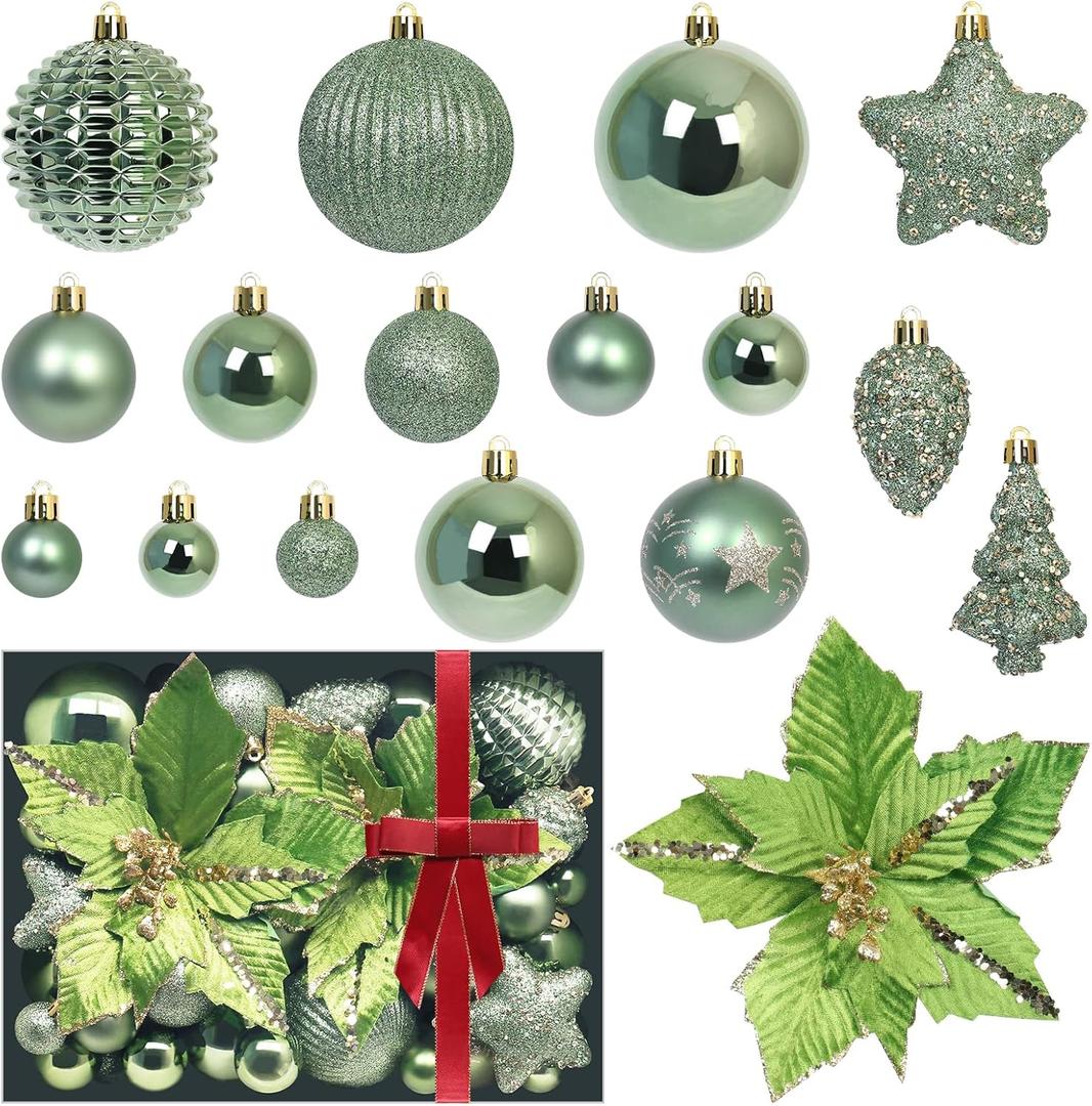 RoseCraft Green Christmas Ball Ornaments, 54 Pack Shatterproof Christmas Ornamnets for Christmas Tree Hanging Decorations Include Flower, for Home Indoor Holiday Party Xmas Decor.
