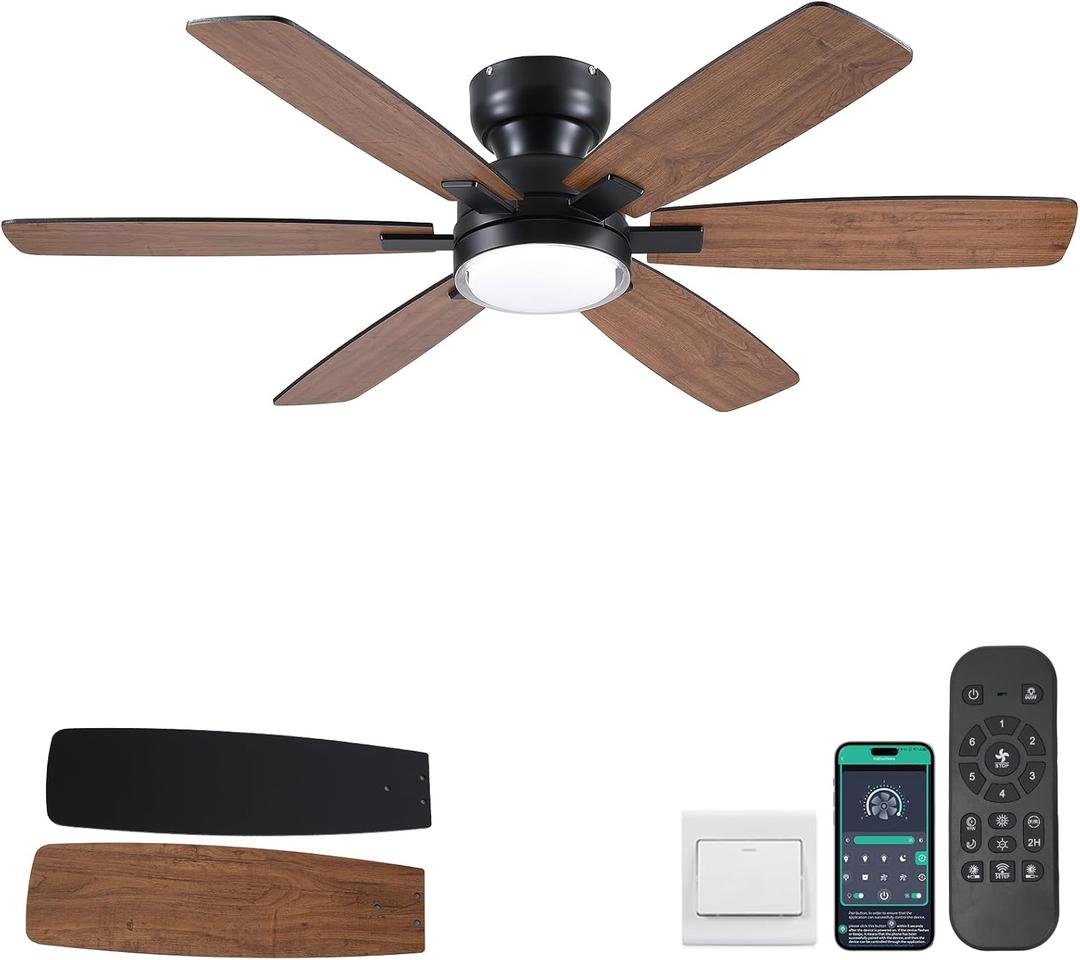 Kviflon 52" Rustic Ceiling Fans with Lights Remote/APP Control, Flush Mount Ceiling Fan with Double Lampshade, 6 Reversible Dual Fan Blades, 3 CCT Dimmable LED Lights for Living Room Farmhouse, Brown