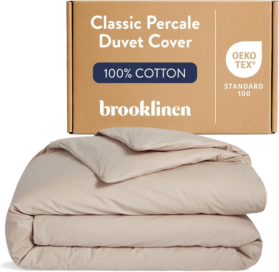 Brooklinen Luxury Percale Duvet Cover 100% Cotton, Cool, Crisp, Extra-Long Corner Ties, Button Closure, Soft & Breathable Machine Washable, Duvet Cover Full/Queen Bed Sizes (Pebble)