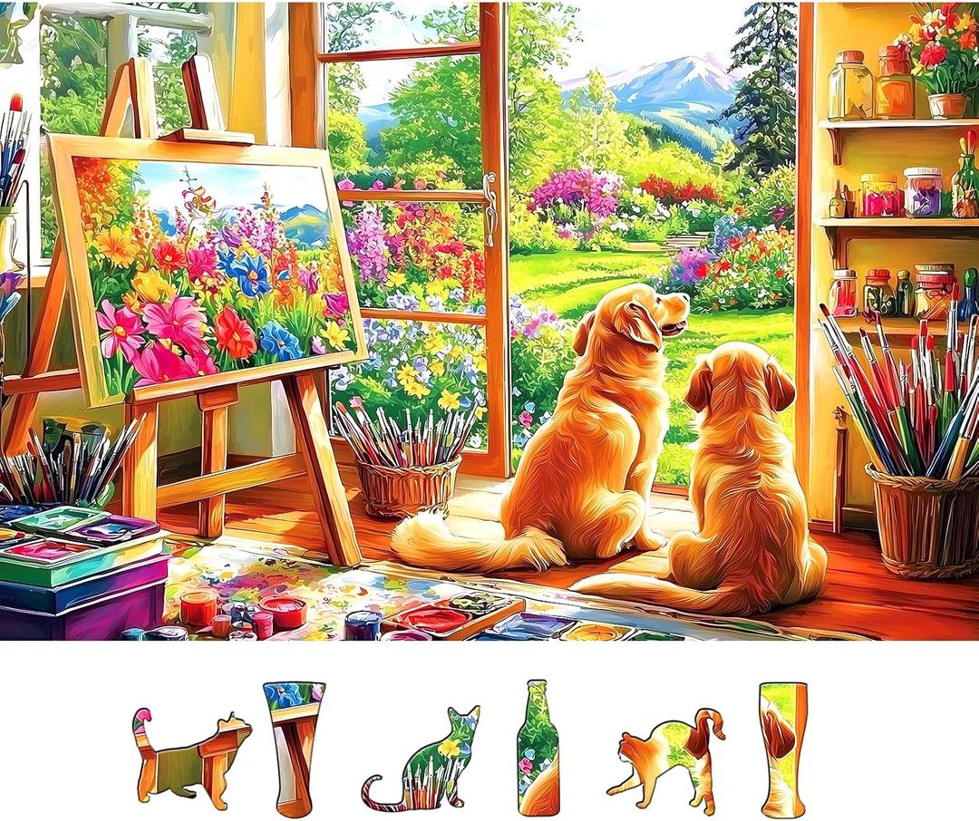 500 Piece Puzzles for Adults, Flower Garden Art 500 Piece Jigsaw Puzzles with Dogs for Home Decor and Relaxation Party Challenging Game Gifts Decoration (23 x 15 Inch)