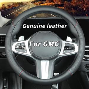 Custom-Fit for GMC Steering Wheel Cover, Genuine Leather Steering Wheel Cover, Non-Slip, Breathable, for GMC Accessories (Black (red Blue line), for GMC)